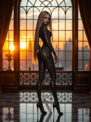 In this captivating image, a woman stands confidently in a luxurious room, exuding elegance and sophistication. She is adorned in a form-fitting, black leopard-print bodysuit that accentuates her figure, paired with sleek black high heels. Her long, straight blonde hair cascades down her back, adding a touch of grace to her striking appearance. She gazes directly at the camera, her expression serene and composed.

The room itself is opulent, featuring a highly polished marble floor that reflects the grandeur of the space. Behind her, a large window with intricate black metal designs frames a breathtaking view of a city skyline bathed in the warm hues of a setting sun. The sky is a mesmerizing blend of orange and yellow, casting a golden glow over the scene. Brown curtains frame the window, adding a touch of warmth to the sophisticated setting.

On the windowsill, a silver chalice with a candle inside adds a touch of elegance, while a small candle on the right side of the window further enhances the ambiance. The overall composition of the image is a harmonious blend of luxury, beauty, and tranquility, capturing a moment of serene elegance.