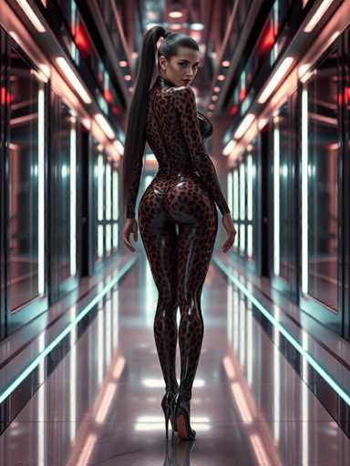 In this captivating image, a woman stands confidently in the center of a sleek, futuristic hallway. She is adorned in a tight, form-fitting bodysuit that accentuates her curves, featuring a striking leopard print pattern. The bodysuit extends from her neck down to her ankles, complemented by high-heeled shoes that complete her bold ensemble. Her long, dark hair is styled into a ponytail that cascades down her back, adding to her dramatic appearance. The woman gazes directly at the camera with a composed expression, exuding an aura of strength and allure.

The hallway itself is a marvel of modern design, with a highly reflective floor that mirrors the ambient light. The walls are lined with glass panels, interspersed with vertical white lights that enhance the futuristic ambiance. The ceiling is adorned with an array of lights, casting a warm glow that highlights the woman's silhouette. The overall scene is a harmonious blend of sleek design and striking fashion, capturing a moment of poised elegance in a high-tech environment.