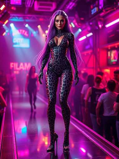 In this captivating image, a woman stands confidently on a stage, exuding a striking presence. She is adorned in a form-fitting, one-piece bodysuit that features a bold leopard print pattern. The bodysuit is designed with long sleeves that extend to her wrists, and it includes a daring V-neckline that plunges down to her chest, revealing a hint of cleavage. Her ensemble is completed with high-heeled shoes that add to her towering height, estimated to be around six feet tall. Her long, flowing hair, a mesmerizing blend of purple and black, cascades down her back, adding to her dramatic appearance.

The stage beneath her is a glossy, reflective surface that mirrors the vibrant lights above. These lights, predominantly yellow with a subtle purple hue, illuminate the scene, casting a warm glow over the woman and her surroundings. To her right, a group of people stands, their attention seemingly drawn to her, adding to the dynamic atmosphere of the moment. The overall composition of the image captures a sense of glamour and theatricality, making the woman the undeniable focal point of this striking scene.