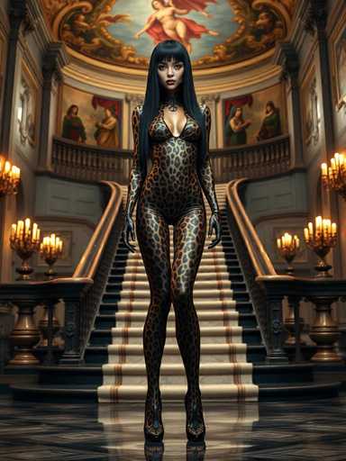 In this captivating image, a woman stands poised at the base of an opulent, grand staircase. She is adorned in a striking, form-fitting bodysuit that emulates the texture and pattern of a leopard's coat, complete with matching gloves and high-heeled boots. Her long, sleek black hair cascades down her back, complementing her pale complexion. The staircase itself is a marvel of craftsmanship, featuring a pristine white marble base with elegant gold accents and a luxurious black marble floor. Flanking the staircase are two ornate tables, each adorned with candelabras holding numerous lit candles, casting a warm glow throughout the scene. The walls are adorned with intricate paintings, adding to the grandeur of the setting. Above, a magnificent dome ceiling captures attention with its elaborate artwork, depicting a woman draped in a flowing red cloth, surrounded by intricate golden designs. The overall ambiance is one of refined elegance and timeless beauty.
