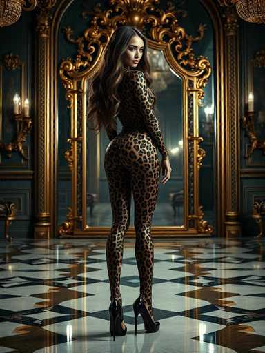 A woman is standing in front of a large mirror with her back turned towards the camera. She is wearing a leopard print outfit that includes a leopard print skirt and leopard print heels. The room has gold accents and a chandelier hanging from the ceiling, creating an opulent atmosphere.