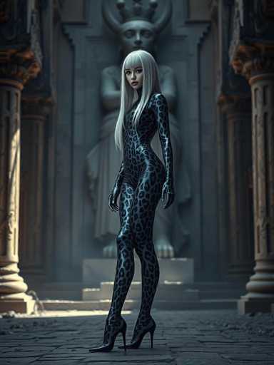 In this captivating image, a woman stands poised in front of an imposing statue, exuding confidence and elegance. She is adorned in a sleek, form-fitting bodysuit that clings to her curves, featuring a striking leopard print pattern in black and gray. The bodysuit extends seamlessly from her neck to her feet, complemented by high-heeled shoes that echo the leopard print design. Her long, straight white hair cascades down her back, with bangs framing her face, adding a touch of ethereal beauty to her appearance. The statue behind her, rendered in shades of gray, depicts a regal figure with a crown and horns, adding a sense of mystique to the scene. Flanking the statue are two grand pillars, further enhancing the majestic atmosphere. The ground beneath her is a dark gray, resembling a stone or brick surface, which contrasts sharply with the lighter tones of her attire and the statue. The overall composition creates a dramatic and visually arresting tableau.