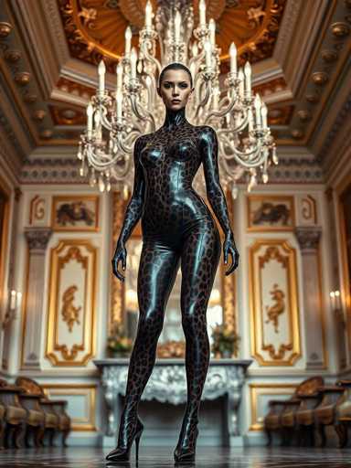In this captivating image, a woman stands poised in an opulent room, exuding elegance and confidence. She is adorned in a sleek, black leather bodysuit, intricately patterned with leopard spots that extend seamlessly from her head to her toes. The bodysuit, form-fitting and accentuating her figure, leaves her arms and legs exposed, and she completes her look with striking black high heels. Her hair is styled in a neat bun, adding to her sophisticated appearance.

The room around her is a marvel of architectural grandeur, featuring high ceilings and walls adorned with intricate gold designs. A magnificent chandelier hangs above her, casting a warm glow that enhances the room's luxurious ambiance. The floor beneath her is a rich brown, adding to the overall warmth of the space. In the background, a fireplace with a grayish hue stands as a centerpiece, flanked by elegant chairs on either side. The walls are further embellished with gold-framed pictures, adding to the room's regal atmosphere. The woman gazes directly at the camera, her expression serene and composed, embodying the essence of luxury and poise.