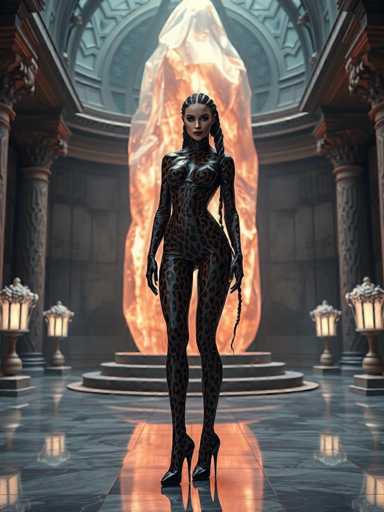 In this captivating image, a woman stands poised in a grand, ornate hall. She is adorned in a sleek, black leather bodysuit that accentuates her figure, featuring a striking leopard print pattern. Her ensemble is completed with high-heeled shoes, adding an extra touch of elegance to her appearance. The woman's long hair is intricately braided, with one braid cascading over her shoulder and another trailing down her back. She gazes directly at the camera, exuding confidence and grace.

The hall itself is a marvel of architecture, with towering pillars that stretch from the floor to the ceiling, framing the scene on both the left and right sides. The floor is made of polished marble, reflecting the ambient light and adding to the room's opulent atmosphere. Behind the woman, a circular platform with steps leads up to a dramatic centerpiece: a large, fiery crystal that glows with an intense orange hue, casting a warm light throughout the space. The crystal's fiery essence contrasts beautifully with the cool tones of the marble and pillars, creating a visually stunning focal point.