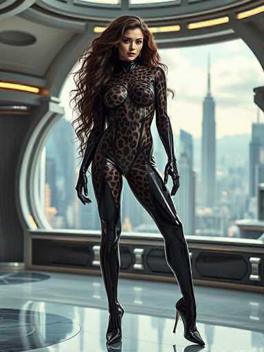 The image features a strikingly beautiful woman with long, wavy brown hair cascading down her back. She is dressed in a form-fitting, one-piece bodysuit that accentuates her curves. The bodysuit is adorned with a leopard print pattern, featuring large spots on her chest and smaller spots on her thighs. The suit is made of a material that appears to be leather, adding a touch of sophistication to her ensemble. She completes her look with black, high-heeled boots that extend up her legs, and her hands are posed in a relaxed manner. The woman is gazing directly at the camera, exuding confidence and allure. The background suggests she is in a modern, possibly futuristic setting, with a sleek, gray floor and a large window behind her. The window offers a view of a cityscape, featuring tall buildings and a prominent tower, adding to the contemporary ambiance of the scene.