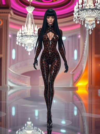 The image depicts a striking scene reminiscent of a James Bond film, featuring a woman in a sleek, tight-fitting, leopard-print catsuit. The catsuit, which appears to be made of a shiny material, accentuates her long, slender legs and arms. She has long black hair with bangs, and her face is adorned with heavy makeup, including dark lipstick and eye shadow. The woman is standing in a luxurious, grand room with a highly reflective, shiny floor that mirrors her image and the chandeliers above. The room is illuminated by three large, ornate crystal chandeliers hanging from the ceiling. Behind her, there are two elegant staircases with white railings and pink steps, leading up to a second level. The walls are painted a soft pink, and the ceiling features a circular design with pink and brown stripes. The overall ambiance of the room is one of opulence and sophistication, with the woman exuding confidence as she gazes directly at the camera.