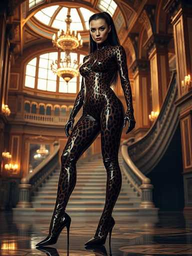 The image depicts a highly realistic, computer-generated scene of a woman standing in an opulent mansion. She is wearing a form-fitting, black and brown leopard print catsuit that extends from her neck to her ankles, complete with high heels. Her long black hair is styled in a ponytail, and she has a serious expression on her face. The setting features a grand, ornate interior with a large, curved staircase leading up to a second floor. The walls are adorned with intricate wood paneling, and the floor is made of shiny marble. A grand chandelier hangs from the ceiling, casting light over the scene. The overall atmosphere is one of luxury and grandeur, with the woman's striking appearance adding to the dramatic effect.