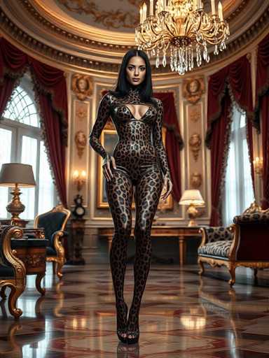 In this captivating image, a woman stands confidently in the center of an opulent room, exuding a bold and alluring presence. She is adorned in a sleek, form-fitting bodysuit that clings to her curves, featuring a striking leopard print pattern. The bodysuit is designed with long sleeves that extend to her wrists, and a daring neckline that plunges down to her waist, revealing a hint of cleavage. Her long, straight black hair cascades down her back, complementing her tanned skin and dark eyes. She completes her ensemble with a pair of high-heeled shoes, also patterned with leopard print.

The room around her is equally grand, characterized by its luxurious decor. The floor is a rich brown marble, intricately designed with red accents. Surrounding her are several elegant chairs, upholstered in a combination of black and blue fabric, and adorned with gold trim. The walls are a pristine white, embellished with gold accents and framed by deep red curtains that add a touch of regal elegance. A large, ornate mirror hangs on the wall behind her, reflecting the room's opulence. Above, a grand chandelier with multiple crystal droplets hangs from the ceiling, casting a soft, shimmering light throughout the space. The overall ambiance of the room is one of refined luxury and timeless beauty.