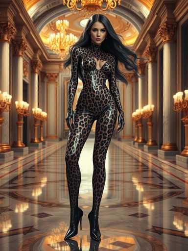 A woman is standing in an opulent room with a high ceiling and ornate columns. She is wearing a leopard print outfit that includes a leopard print bodysuit, leopard print gloves, and black high heels. The room has gold accents throughout the space, including chandeliers hanging from the ceiling.