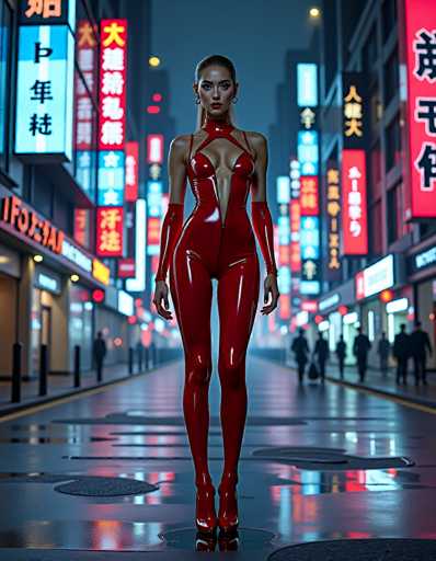 A futuristic, neon-lit city street scene with a woman in a shiny red bodysuit standing in the center. The street is wet and reflects the bright neon signs, creating a vibrant and slightly surreal atmosphere. The woman is looking directly at the viewer with a confident pose, her long hair styled neatly. The background features blurred figures of people walking on the street and more neon signs in various colors, creating a sense of depth and urban energy. The overall style is highly stylized and evocative of cyberpunk aesthetics.