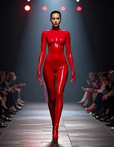 A woman is walking down a runway wearing a red latex outfit that includes a tight bodysuit and high heels. The background shows other models on the same runway, but the focus is on the woman in the red outfit.