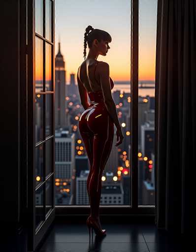 In this captivating image, a woman stands poised in front of a large window, gazing out at a city skyline bathed in the warm hues of a setting sun. The sky transitions from a deep blue at the top to a vibrant orange near the horizon, casting a golden glow over the scene. The cityscape below is dotted with numerous buildings, their windows twinkling with lights that add to the enchanting ambiance.

The woman is dressed in a striking, form-fitting red outfit that accentuates her figure. The ensemble includes a corset-like top with thin straps and a unique design that leaves her shoulders and back exposed. The outfit extends into tight pants that cover her legs, complemented by high heels that complete her elegant look. Her hair is styled in a ponytail, with a braid elegantly draped over her shoulder, adding a touch of sophistication to her appearance. The overall composition creates a mesmerizing blend of urban beauty and personal elegance.