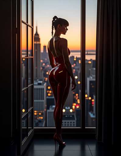 A woman stands in front of a window with her back turned towards the camera, wearing a red outfit and high heels. The city skyline can be seen through the window behind her.