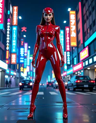 A woman is standing on a city street at night wearing a red jumpsuit with a zipper down the front and high heels. The background features neon signs and buildings illuminated by bright lights, creating an urban atmosphere.