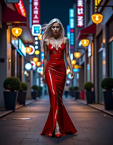 A woman is walking down an alleyway at night wearing a red strapless dress with a plunging neckline and high slit on the side. She has blonde hair styled in loose waves and is carrying a purse over her shoulder. The alleyway is illuminated by street lamps and neon signs, creating a vibrant atmosphere.