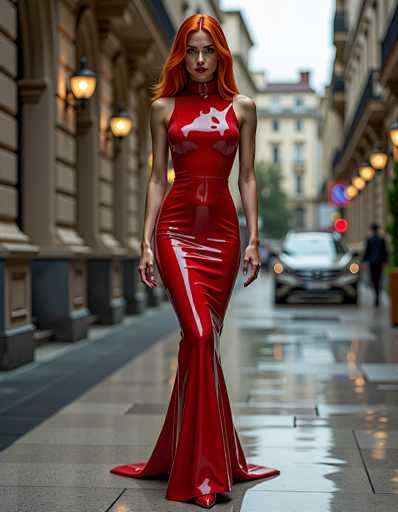 A striking image captures a woman with vibrant red hair, styled to perfection, as she strolls down a bustling city street. She is adorned in a form-fitting, red dress that accentuates her figure, featuring a unique design with a white, splatter-like pattern on the chest area. The dress flares out at the bottom, creating a dramatic effect as it walks behind her. The scene is set on a wet sidewalk, reflecting the recent rainfall and adding a glistening quality to the surroundings. The background is slightly blurred, drawing focus to the woman, but you can still make out a parked car and a man in a suit walking away from her. The cityscape is lined with buildings on both sides, each adorned with warm yellow lights that add a cozy ambiance to the urban setting.