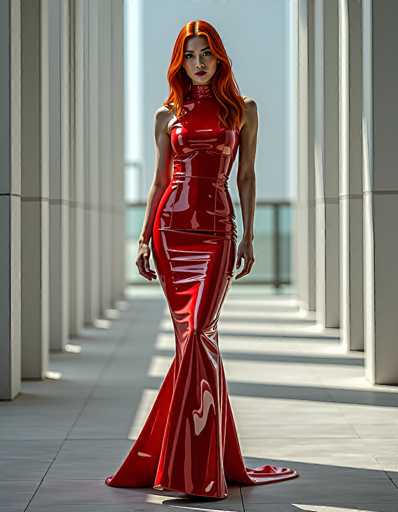 A striking image captures a woman with vibrant red hair, styled to perfection, as she strolls down a sunlit walkway. She is adorned in a form-fitting, red dress that accentuates her figure, with a unique design that splits at the bottom and flows elegantly behind her. The dress, made of a shiny material, reflects the sunlight, adding a touch of glamour to her ensemble. Her makeup is meticulously applied, with bold red lipstick that complements her fiery hair and the vivid red of her dress. The walkway is flanked by tall, white pillars that cast intricate shadows on the ground, creating a dramatic interplay of light and shade. The scene is bathed in natural light, highlighting the woman's poised and confident stride.