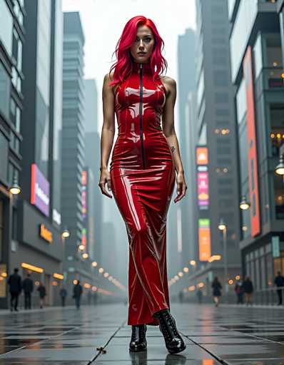 In this captivating image, a woman stands confidently in the middle of a bustling city street, flanked by towering skyscrapers adorned with vibrant neon signs. The scene is set on a sleek, black-tiled sidewalk that glistens under the city lights, suggesting a recent rainfall. The woman, with her striking long red hair cascading past her shoulders, exudes a bold presence. She is dressed in a form-fitting, red leather dress that zips up the front, accentuating her figure. The dress features a unique design with one leg slightly higher than the other, adding a dynamic element to her stance. She completes her edgy look with black leather boots. Her arms hang naturally at her sides, and her head is tilted slightly to the left, as she gazes directly at the camera with a composed expression. The background is slightly blurred, emphasizing her as the focal point of the photograph, while the silhouettes of pedestrians and the illuminated buildings create a lively urban atmosphere.