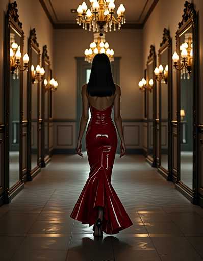 A woman wearing a red strapless dress with a high slit and heels is walking down an ornate hallway lined with mirrors on both sides. The floor is made of marble tiles that reflect the light from the chandeliers hanging above her head.