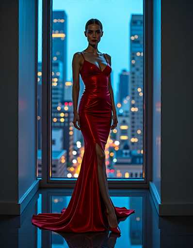 In this captivating image, a woman stands gracefully in front of a large window, framed by the soft glow of city lights. She is adorned in a stunning red dress that accentuates her figure, featuring thin straps over her shoulders and a daring slit that extends up to her knee. The dress cascades elegantly to the floor, with the fabric pooling around her feet and trailing off to the left. Her hair is neatly pulled back, and she wears a striking red lipstick that complements her outfit. The woman's left leg is slightly bent, adding a touch of poise to her stance. She stands on a sleek black floor, which contrasts beautifully with the gray walls that frame the window. The window itself is bordered by a gray frame, and through it, the cityscape unfolds. Towering buildings with illuminated windows create a mesmerizing backdrop, while the sky above is a serene light blue, hinting at the early morning or twilight hour. The scene is bathed in a soft light, enhancing the tranquil and elegant atmosphere.