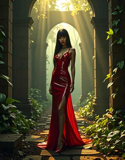 A woman in a shiny red dress stands in an ornate, sunlit garden. The dress is form-fitting and has a high slit, revealing her legs. She has long black hair and wears red lipstick. The garden is lush with greenery, and the sunlight streams in from behind arched doorways. She stands on a stone path surrounded by foliage. The overall mood is elegant and slightly mysterious, with the sunlight creating dramatic shadows.