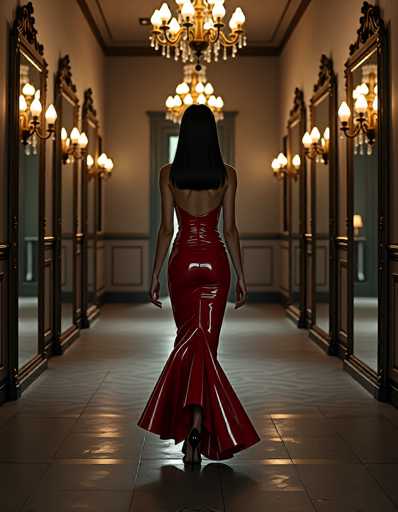 In this captivating photograph, a woman with long, straight black hair is elegantly walking down a luxurious hallway. She is adorned in a striking red dress that accentuates her figure, featuring a low-cut back and a flowing skirt that gracefully drapes to the floor. The dress is complemented by sleek black high heels, adding to her poised demeanor. The hallway itself exudes opulence, with its pristine white walls and a rich brown wooden trim that adds a touch of warmth. The floor is covered in large, square white tiles, enhancing the room's bright and airy atmosphere. On either side of the hallway, tall mirrors with ornate gold frames line the walls, reflecting light and amplifying the sense of space. Above, two grand chandeliers hang from the ceiling, casting a soft, warm glow throughout the scene. The woman appears to be heading towards a doorway at the end of the hallway, adding a sense of anticipation to the image.