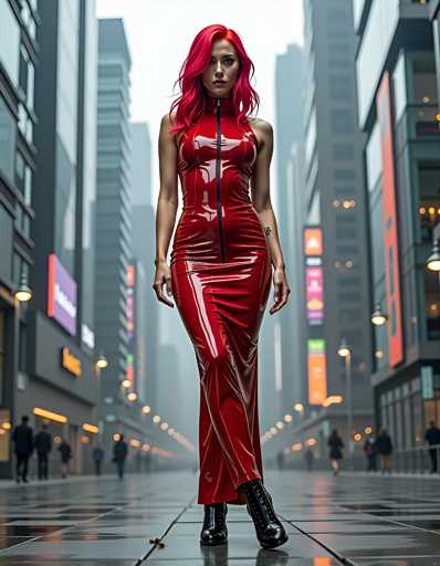 A woman with red hair and a red dress is standing on a wet city street at night, wearing black boots and facing the camera directly.