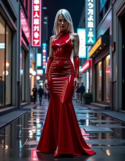 A woman is standing on a sidewalk at night, wearing a red dress and high heels with long sleeves. The background features neon signs and buildings lining the street, creating an urban atmosphere.