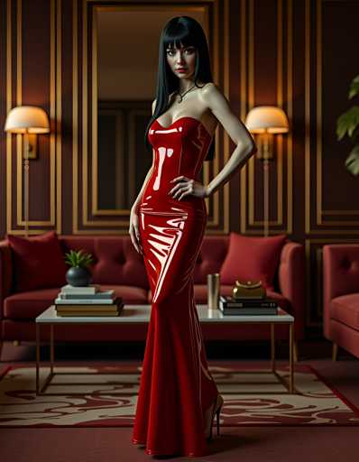 A woman stands confidently in front of a red sofa and coffee table, wearing a striking red strapless dress with a high neckline and long sleeves that falls just below her knees. The room is tastefully decorated with gold accents, including two lamps on either side of the sofa and a mirror above it. A plant sits on the floor next to the sofa, adding a touch of greenery to the scene.