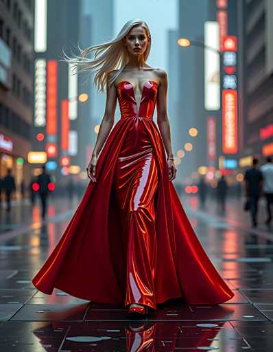 A woman is walking down a city street at night, wearing a long red dress with a plunging neckline and high slit. The background features tall buildings illuminated by neon signs, creating a vibrant urban atmosphere.