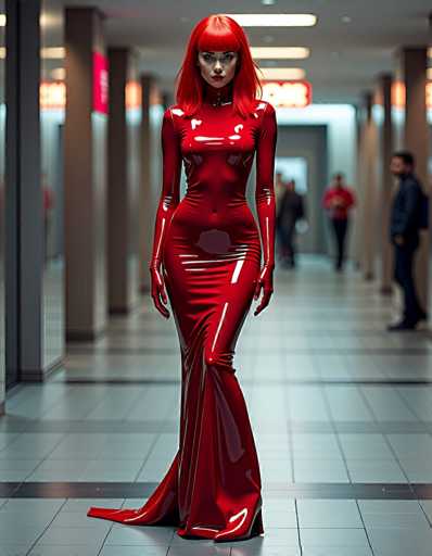 In this striking photograph, a woman stands confidently in a sleek, form-fitting red dress that accentuates her figure. The dress, which appears to be made of a shiny, plastic-like material, features a slit that extends up to her thigh, adding a touch of allure. Her vibrant red hair complements the dress, and she gazes directly at the camera with a composed expression. The background is slightly blurred, drawing focus to her, but it reveals a bustling environment with several people walking around. The floor beneath her is tiled in white, and the walls are adorned with various signs, adding to the dynamic atmosphere of the scene.