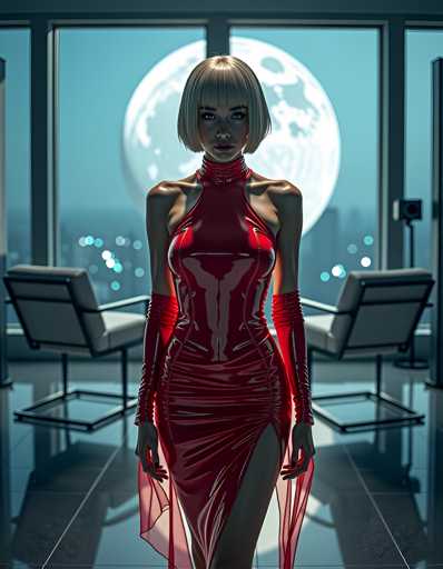 A woman stands confidently in front of a large window with a view of the moon and city lights outside. She is wearing a red dress that contrasts with her blonde hair and blue eyes. The room has white walls and black chairs arranged around a table.