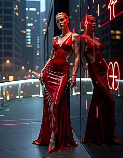 A woman in a shiny red dress stands in front of a mirrored wall, her reflection mirroring the scene. The woman is wearing a long-sleeved, form-fitting dress with a deep V-neck and cutouts on the sides. She is standing in a modern, futuristic setting with neon lights and city buildings in the background. The overall mood is stylish and glamorous.