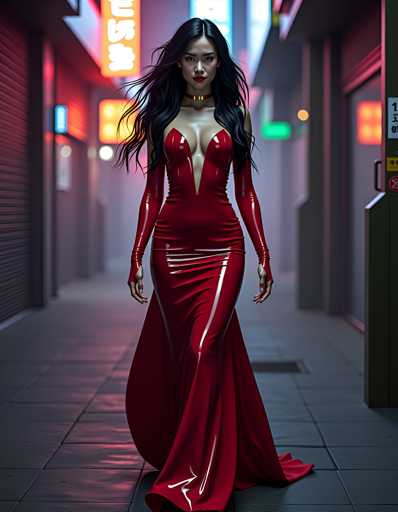 A woman is walking down an alleyway at night wearing a red strapless dress with long sleeves and high heels. The alleyway has a dark and mysterious atmosphere, with neon signs illuminating the area.