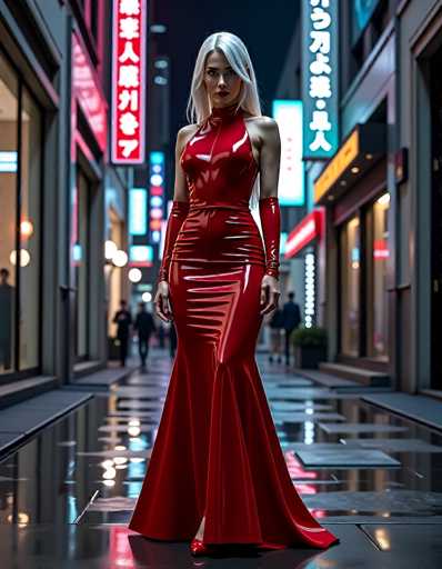 In this captivating image, a woman stands confidently in the middle of a bustling city street, her striking presence immediately drawing attention. She is dressed in a stunning, form-fitting red dress that accentuates her figure, with the fabric flowing elegantly from her knees down to the floor. The dress features a high collar that wraps around her neck, adding a touch of sophistication to her ensemble. Complementing her dress, she wears matching red gloves that extend from her elbows to her wrists, and a pair of red shoes that complete her bold look.

Her long, straight white hair cascades down her back, contrasting beautifully with her tan skin and vibrant red lipstick. The woman's dark eyes and eyebrows frame her face, adding depth to her expression. She stands with her hands at her sides, exuding a poised and self-assured demeanor.

The setting around her is equally striking. The ground beneath her is a sleek, black surface that reflects the city lights, creating a mirror-like effect. Surrounding her are tall buildings adorned with neon signs in various colors, including red, blue, and white, all featuring text in an Asian script. These signs add a dynamic and modern touch to the scene. In the background, a few people can be seen walking, adding to the urban atmosphere. The overall ambiance is one of urban chic, with the woman as the undeniable focal point.