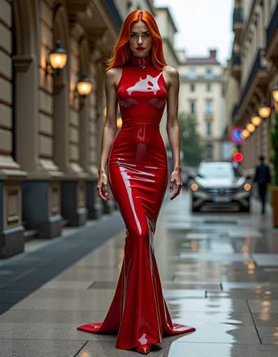 A stunning, photorealistic image of a woman with vibrant red hair and a striking red dress, standing on a wet city street. The dress is made of a shiny, glossy material that reflects the surrounding environment, creating a dynamic play of light and shadow. She is wearing a high-necked dress with a subtle, stylized design on the chest. Her pose is confident and poised, with her hands gently resting on her hips. The background features a blurred cityscape with ornate buildings and streetlights, suggesting an urban setting at dusk or dawn. The overall mood is one of elegance, sophistication, and a touch of futuristic glamour.