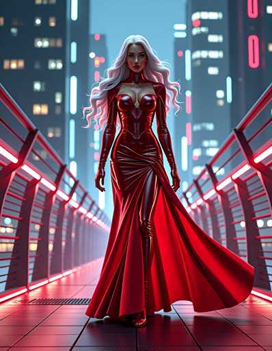 A woman is walking on a bridge at night with her hair styled in loose waves and wearing a red dress that flows behind her as she strides forward. The city skyline forms the backdrop of this scene, with buildings illuminated by neon lights against the dark sky.