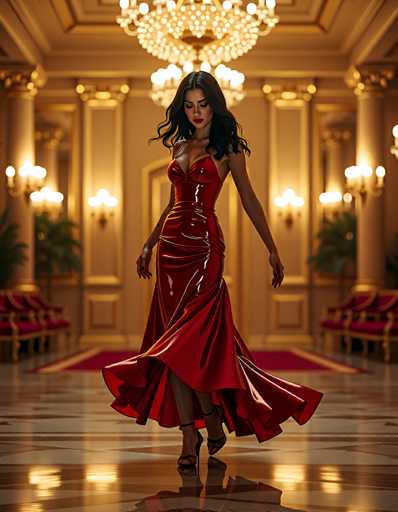 A woman in a vibrant red, shiny gown is gracefully dancing in an opulent ballroom. The dress features a deep V-neck and a flowing, asymmetrical hemline that flares out as she moves. Her dark hair cascades around her shoulders, and her expression is one of elegant poise. The ballroom is bathed in warm, golden light from ornate chandeliers and wall sconces, reflecting off the polished marble floor. The background features plush red velvet armchairs and a large, sparkling chandelier hanging above. The overall atmosphere is one of luxury, sophistication, and graceful movement.