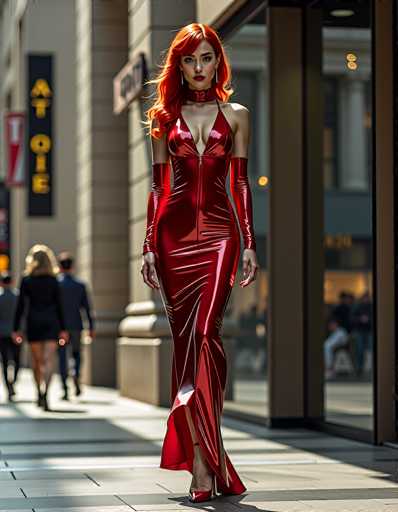 In this vibrant city street scene, a striking woman with long, flowing red hair and matching red lipstick commands attention as she walks down a sunlit sidewalk. She is dressed in a form-fitting, red leather dress that accentuates her figure, featuring a zipper running up to her neck and long sleeves that extend to her elbows. The dress has a slit on the left side, revealing her leg. She completes her bold look with red high heels and a matching red collar around her neck. The woman, who appears to be of Caucasian descent, has a serious expression and gazes directly at the camera. The background is slightly blurred, showing indistinct figures of other pedestrians and a building with a sign that reads "A.T.O.I." The bright sunlight casts a warm glow on the scene, highlighting the vivid colors of her attire and the urban setting around her.
