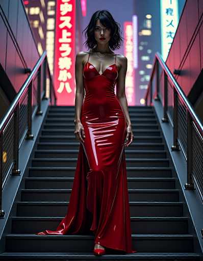 A woman in a shiny red dress stands on a dark staircase in a neon-lit city, looking directly at the viewer. The woman has short black hair and is wearing a delicate silver necklace. She's positioned in the center of the frame, with her hands gently resting on the steps. The background is a vibrant blur of neon signs in Japanese, creating a sense of depth and urban energy. The lighting is dramatic, highlighting the woman's figure and the glossy texture of her dress against the dark steps. The overall mood is stylish, confident, and slightly mysterious.