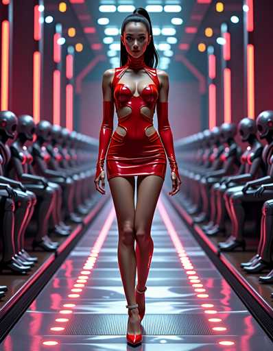 A woman is walking down an illuminated hallway with a futuristic design and red lighting. The hallway has multiple rows of glowing red lights lining the walls, creating a futuristic atmosphere. In the background, there are several robots arranged in a row, also illuminated by the red lights.