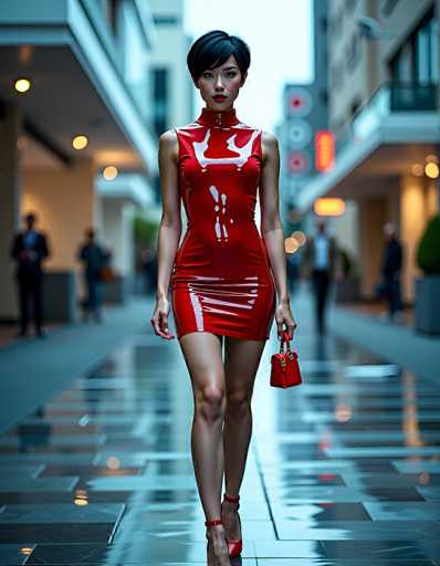 A striking photograph captures a woman confidently striding down a bustling city street. She is adorned in a vibrant red dress that accentuates her slender figure, with the hemline ending just above her knees. The dress features a high neckline and is sleeveless, with a unique design element on the back that resembles a white bow. Her short black hair frames her face, and she wears bold red lipstick that complements her attire. Her ensemble is completed with red high-heeled shoes, adding a touch of elegance to her bold appearance. The background is blurred, drawing focus to her poised and confident stance as she walks down the street.