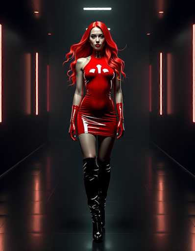 The image depicts a highly realistic, computer-generated woman with long, flowing red hair that cascades down to her waist. She is dressed in a striking, form-fitting red dress that accentuates her figure, featuring a unique design with a cut-out on the left side of her chest. The dress is adorned with a white cross-like pattern on the front and extends to just above her knees. Complementing her outfit, she wears long red gloves that reach up to her elbows and thigh-high black boots that have a shiny, reflective surface. The woman stands confidently in the center of a dimly lit hallway, which is illuminated by a series of red and white lights on the walls and ceiling. The floor beneath her is also reflective, mirroring the lights and adding to the overall dramatic ambiance of the scene.