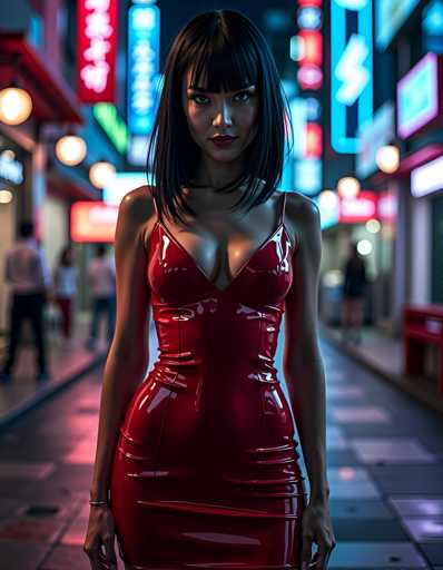 A woman stands confidently on a city street at night, wearing a striking red dress that contrasts with the dark surroundings. The neon lights from nearby buildings cast an ethereal glow around her, creating a captivating atmosphere. In the background, other people can be seen walking along the sidewalk, adding to the bustling urban setting.