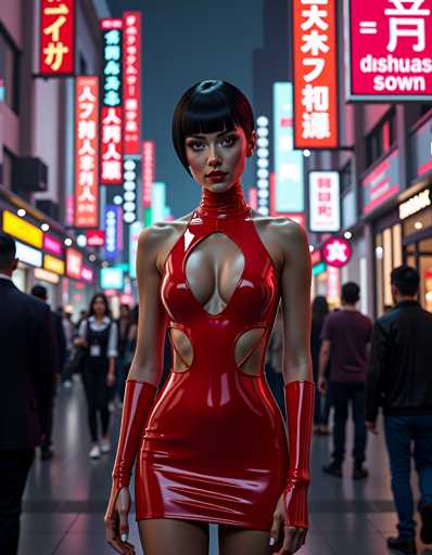 The image depicts a woman wearing a red dress with cutouts on the sides and heels, standing in front of a neon sign that reads "Dishwasherown". The background shows a busy street lined with various shops and restaurants.