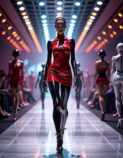 The image depicts a futuristic runway scene, likely from a high-tech fashion show or a sci-fi movie. The runway is a sleek, shiny gray surface with white lines, flanked by black carpeting. Overhead, the ceiling is adorned with rows of lights in various colors—white, blue, orange, and yellow—casting a vibrant glow over the scene.

In the foreground, a woman strides confidently towards the camera. She is dressed in a striking red dress that appears to be made of leather or plastic, featuring a high collar and a zipper running up the front. The dress is form-fitting, accentuating her figure, and has a slit on the side. She pairs this with black, shiny tights and black high-heeled boots that lace up to her knees. Her hair is slicked back, and she wears a serious expression, adding to the futuristic vibe.

Behind her, several other models are visible, though they are slightly blurred. One model to the left is dressed similarly in a red dress, while another on the right wears a black and white ensemble. Further back, models in white suits with black accents can be seen, adding to the high-tech aesthetic. The entire scene is bathed in a mix of colors from the overhead lights, enhancing the otherworldly atmosphere.