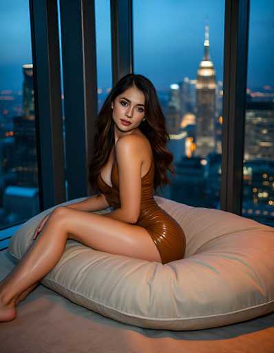 In this captivating image, a woman is seated on a large, beige cushion that resembles a beanbag chair. She is dressed in a striking, brown leather dress that accentuates her figure, with the dress being sleeveless and form-fitting. The dress features a plunging neckline that reveals a significant portion of her chest, and it is designed to be very short, ending high on her thighs. The woman's long, dark brown hair cascades down her back, complementing her tan skin. She is posed with her legs crossed, one leg over the other, and her right hand resting on her right knee. Her head is turned to the left, gazing directly at the camera with a serious expression. The background showcases a stunning cityscape with numerous tall buildings, some of which are illuminated, adding a touch of urban glamour to the scene.