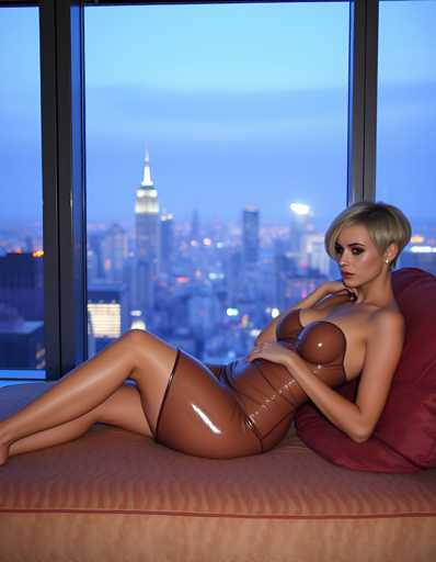 A woman is lounging on a red couch with her legs crossed and her arms resting on the armrests of the couch. She is wearing a brown leather dress that has a strapless neckline and a high slit down the center. The couch is positioned in front of a large window, which offers a view of a city skyline at night.