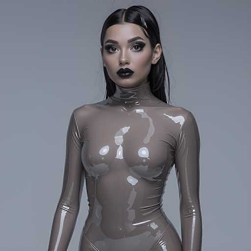 This image features a strikingly realistic AI-generated depiction of a woman. She has long, dark hair that is parted in the middle and cascades down to her shoulders. Her complexion is a light tan, and she has dark, expressive eyes accentuated by thick, dark eyebrows. Her lips are painted a deep, dark shade, almost black, adding to her dramatic appearance. She is dressed in a form-fitting, grayish-brown bodysuit that appears to be made of leather or a similar material. The bodysuit is shiny and reflective, with noticeable folds and creases, particularly around the chest area. The suit extends up to her neck, where it transitions into a high collar. The overall effect is one of intense realism, with the only discernible flaw being a slightly off alignment of the hairline on the right side of her head.