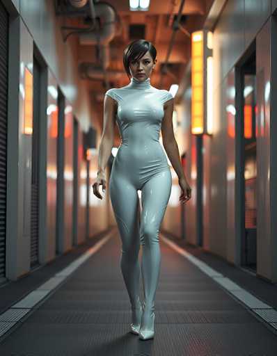 In this computer-generated image, a woman stands confidently in the center of a long, gray hallway, which appears to be part of a futuristic or industrial building. She is dressed in a sleek, form-fitting, light blue bodysuit that extends from her neck to her ankles, paired with matching high heels. Her short, dark brown hair is styled in a bob, with bangs sweeping to the left side of her face. She has a serious expression, with her mouth closed, and her arms slightly out to her sides. The hallway features white lines running along the edges, and the ceiling is adorned with exposed pipes and lighting fixtures. On either side of the hallway, there are several doors, some of which are open, and the walls are illuminated by a mix of orange and white lights. The overall scene is devoid of any text, focusing solely on the woman and her surroundings.